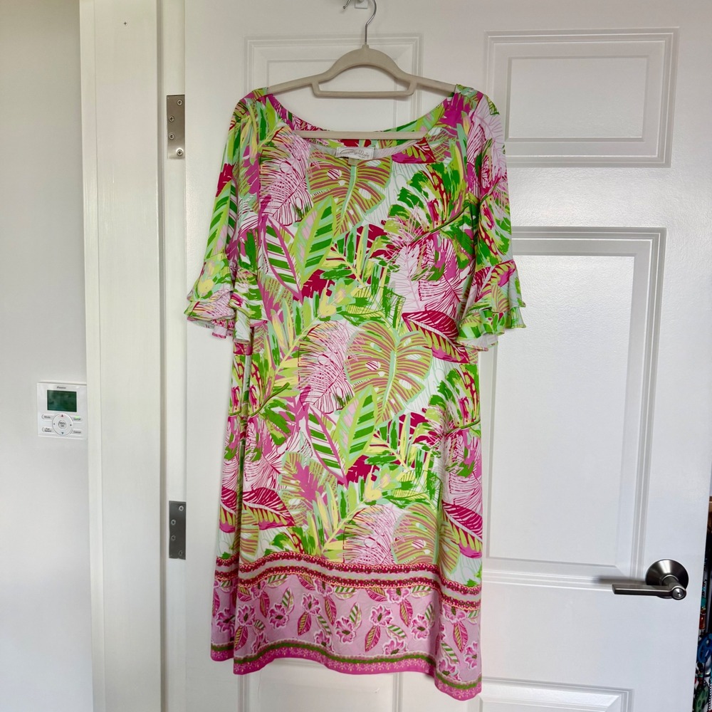 Pappagallo Dress Women XL Pink Green Tropical Palm Print Ruffle Sleeve Shift